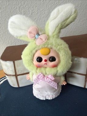 Baby Three 80% with boba eyes Green Bunny Plush Doll with Pink Bow